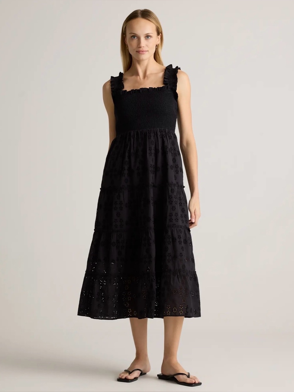 Quince Black Smocked Bodice Midi Dress